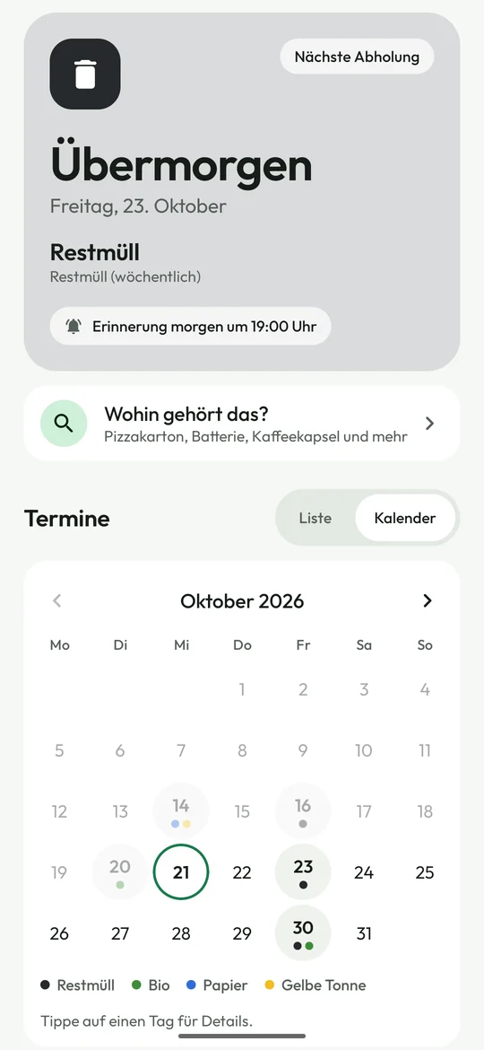 Monatskalender in der App mit farbigen Punkten je Tonne